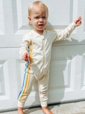 Cream Zip-Front Kids One-Piece Bodysuit with Rainbow Side Stripes